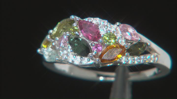 Multi -Color Tourmaline Rhodium Over Sterling Silver Band Ring 1.08ctw Video Thumbnail