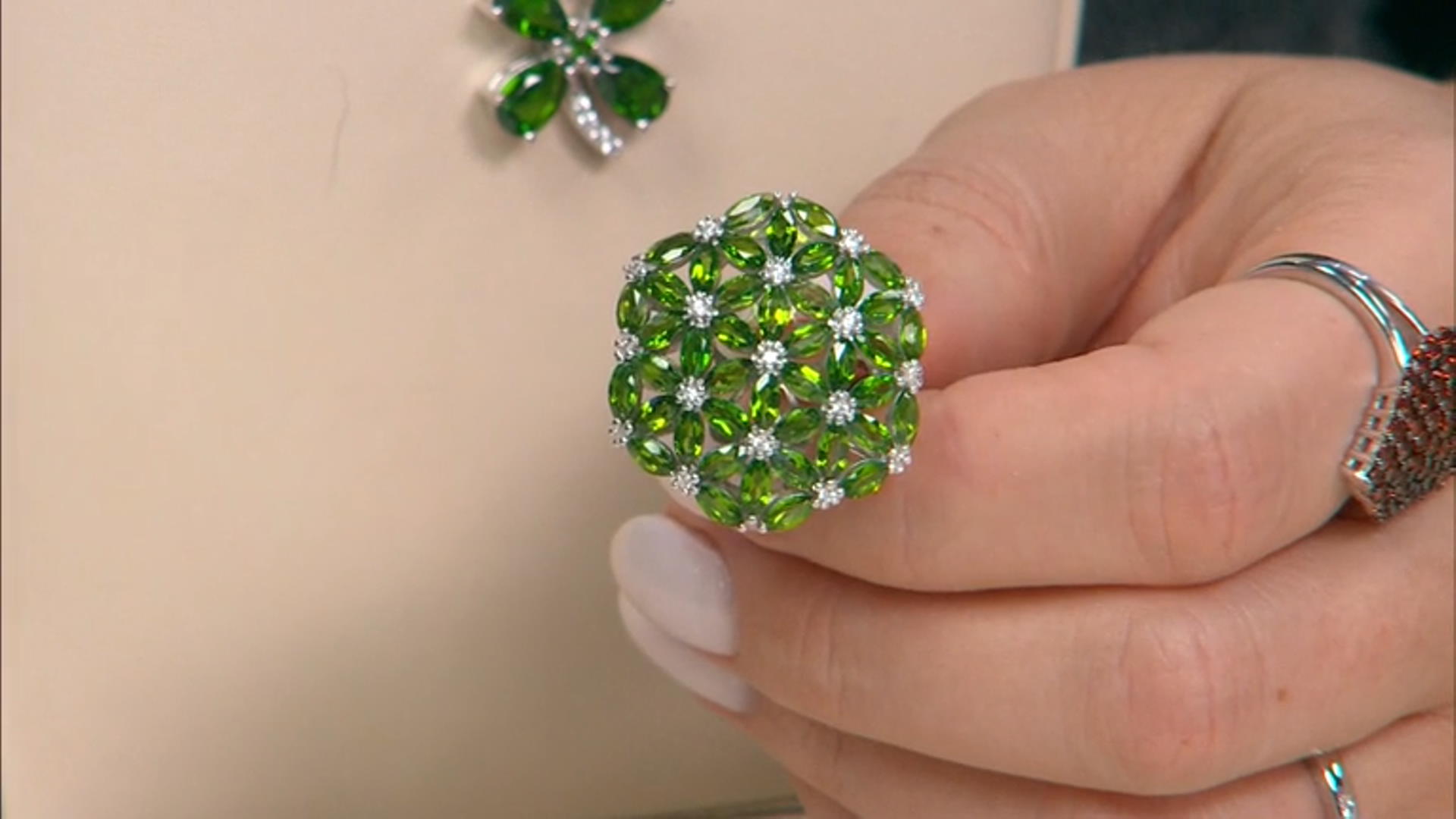 Green Chrome Diopside Rhodium Over Sterling Silver Cluster Ring 6.52ctw Video Thumbnail
