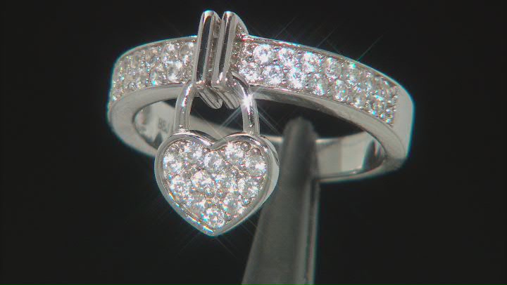 White Zircon Rhodium Over Sterling Silver Heart Charm Ring 0.80ctw Video Thumbnail