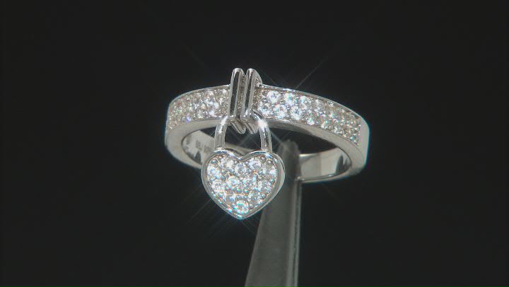 White Zircon Rhodium Over Sterling Silver Heart Charm Ring 0.80ctw Video Thumbnail