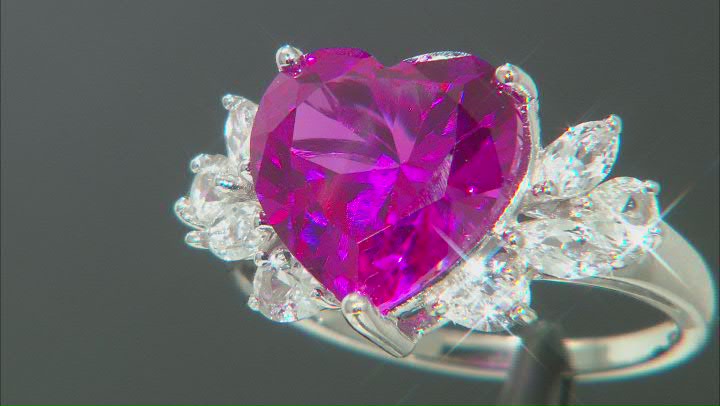 Pink Lab Created Sapphire Rhodium Over Sterling Silver Heart Ring 7.16ctw Video Thumbnail