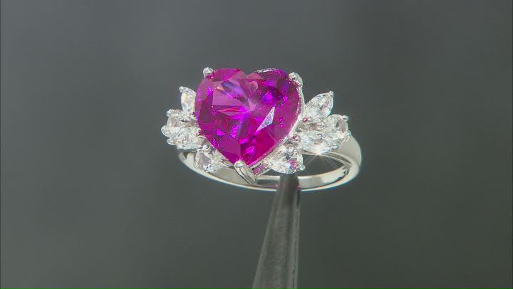 Pink Lab Created Sapphire Rhodium Over Sterling Silver Heart Ring 7.16ctw Video Thumbnail