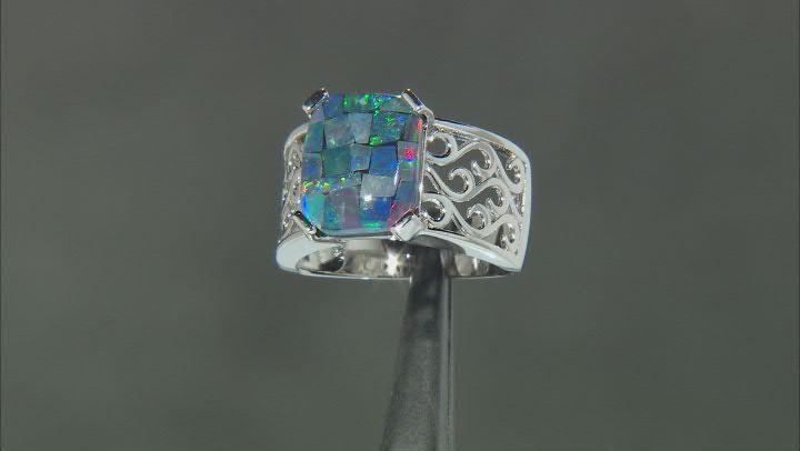 Multi Color Mosaic Opal Triplet Rhodium Over Sterling Silver Ring 3.40ctw Video Thumbnail