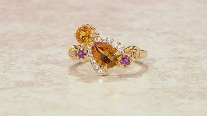 Multi Gem 18k Yellow Gold Over Sterling Silver Honey Bee Ring Video Thumbnail