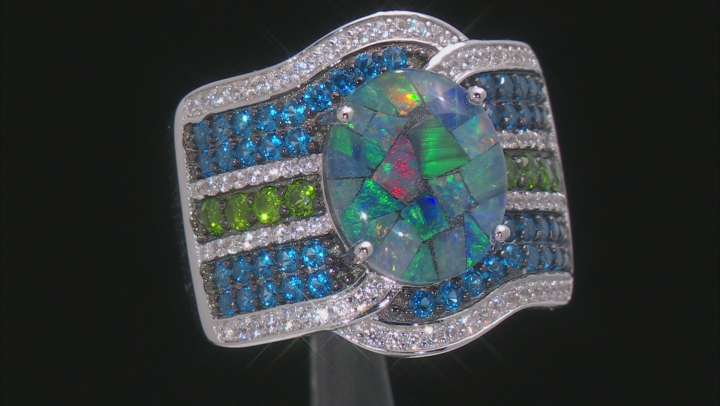 Multi-color Australian Mosaic Opal Triplet Rhodium Over Silver Ring 1.27ctw