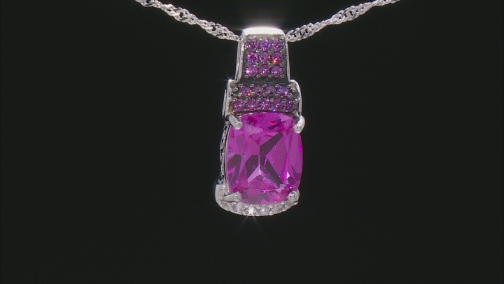 Pink Lab Created Sapphire Rhodium Over Sterling SIlver Slide with Chain 7.79ctw