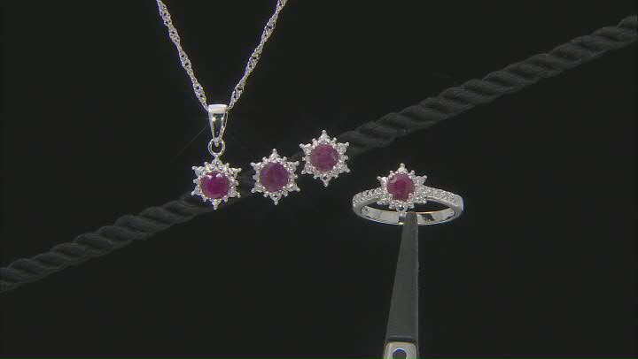 Red Ruby Rhodium Over Sterling Silver Ring, Earrings And Pendant With Chain Set 2.07ctw Video Thumbnail