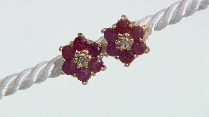 Red Round Ruby and  White Diamond Accent 18k Yellow Gold Over Silver Flower Earrings 2.17ctw Video Thumbnail