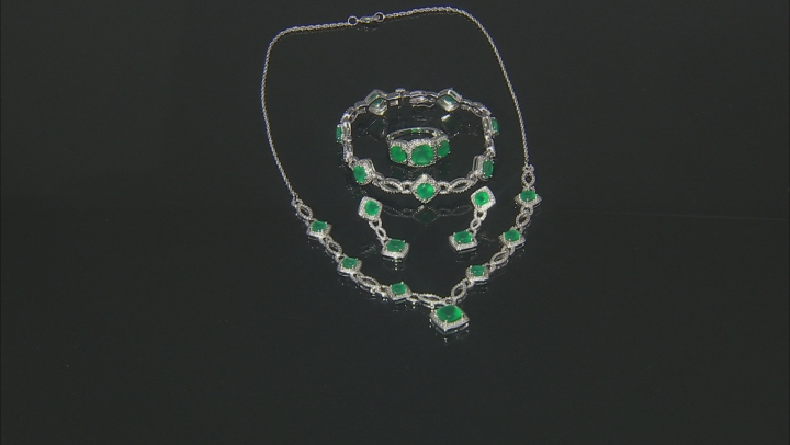 Green Onyx And White Diamond Rhodium Over Brass Necklace, Bracelet, Ring And Earring Set 7.27ctw Video Thumbnail