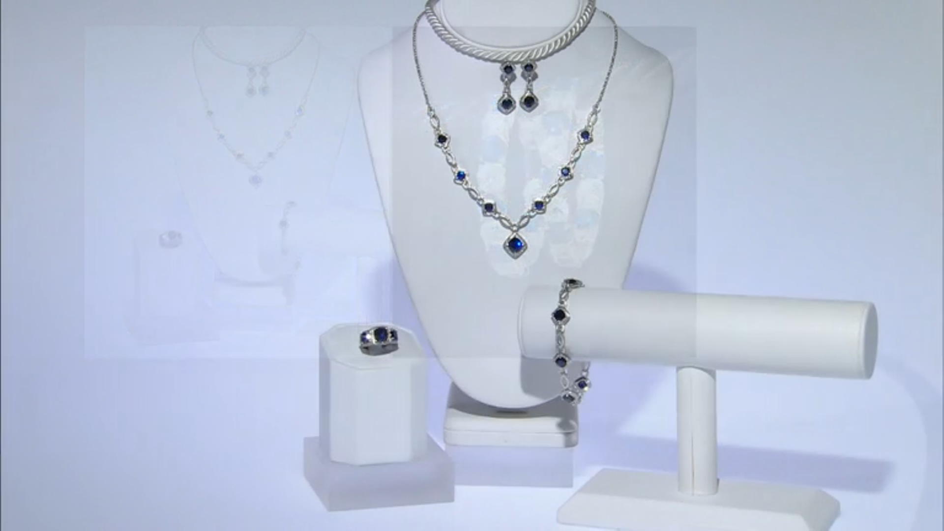 Blue Lab Sapphire & Diamond Rhodium Over Brass Necklace, Bracelet, Ring & Earring Set 18.41ctw Video Thumbnail