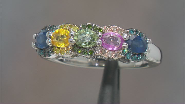 Multi Color Sapphire And Multi Color Diamond Rhodium Over Sterling Silver Ring 1.23ctw Video Thumbnail
