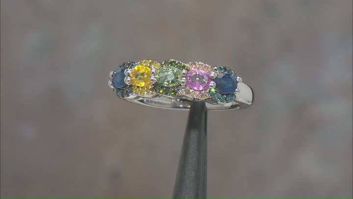 Multi Color Sapphire And Multi Color Diamond Rhodium Over Sterling Silver Ring 1.23ctw Video Thumbnail