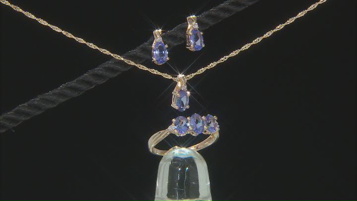 Blue Tanzanite 10K Yellow Gold Ring, Earrings and Pendant Jewelry Set 2.68ctw Video Thumbnail