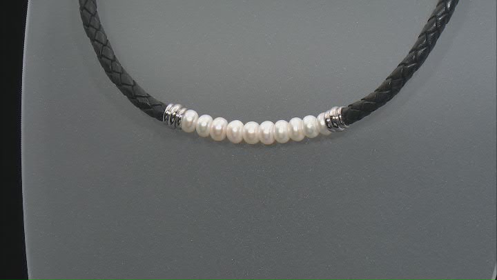 White Cultured Freshwater Pearl Rhodium Over Sterling Silver and Black Leather Necklace Video Thumbnail