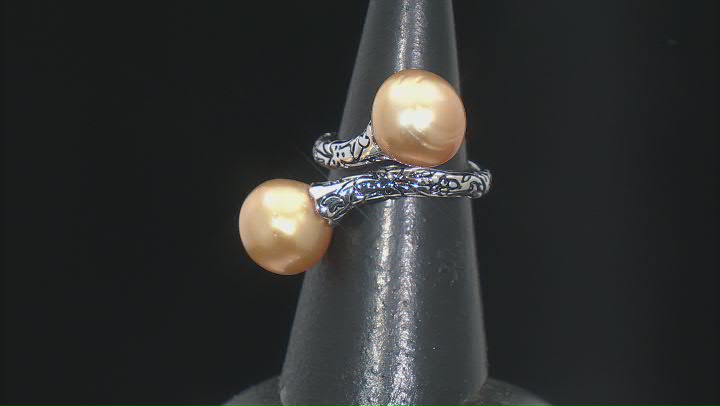 Golden Cultured South Sea Pearl Rhodium Over Sterling Silver Bypass Ring Video Thumbnail