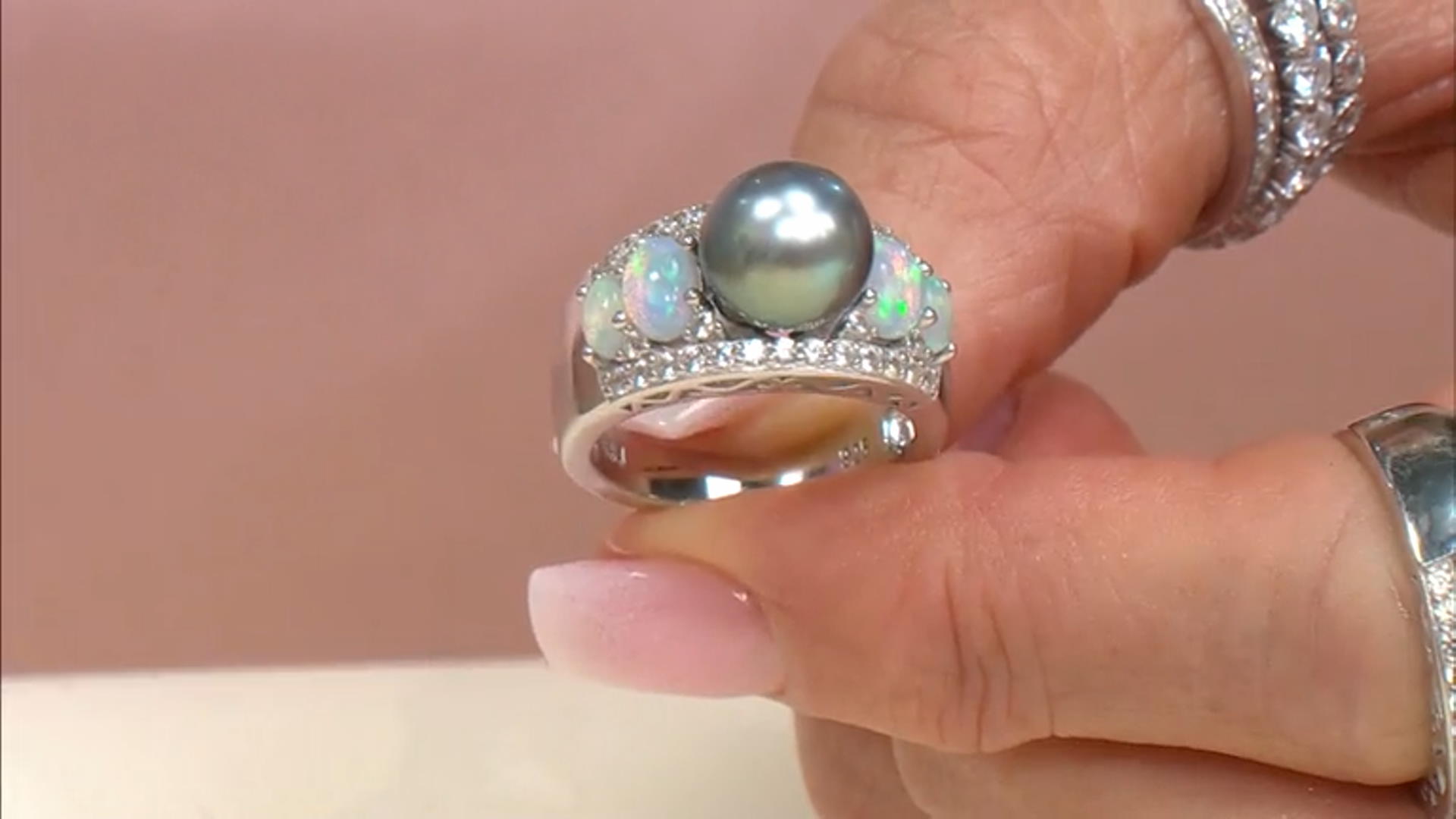 Cultured Tahitian Pearl and with Ethiopian Opal and White Zircon Rhodium Over Sterling Silver Ring Video Thumbnail