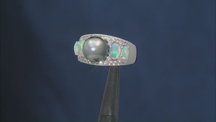 Cultured Tahitian Pearl and with Ethiopian Opal and White Zircon Rhodium Over Sterling Silver Ring Video Thumbnail