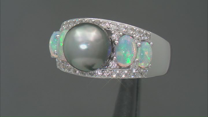 Cultured Tahitian Pearl and with Ethiopian Opal and White Zircon Rhodium Over Sterling Silver Ring Video Thumbnail