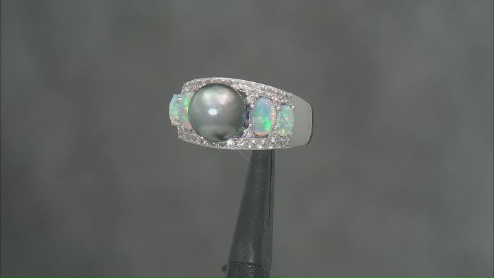 Cultured Tahitian Pearl and with Ethiopian Opal and White Zircon Rhodium Over Sterling Silver Ring Video Thumbnail