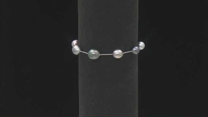 Black Cultured Tahitian Pearl Rhodium Over Sterling Silver Station Bracelet Video Thumbnail