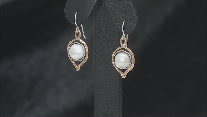 White Cultured Freshwater Pearl Two-Tone Sterling Silver and 14k Yellow Gold Over Earrings Video Thumbnail