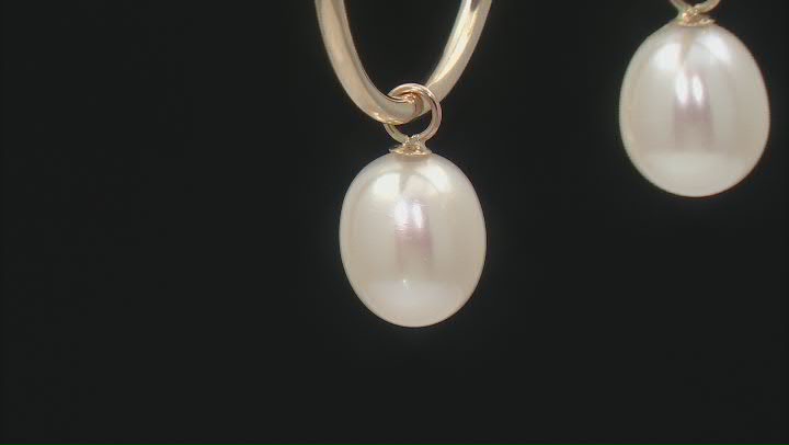 White Cultured Freshwater Pearl 14k Yellow Gold Hoop Earrings Video Thumbnail