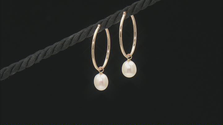 White Cultured Freshwater Pearl 14k Yellow Gold Hoop Earrings Video Thumbnail