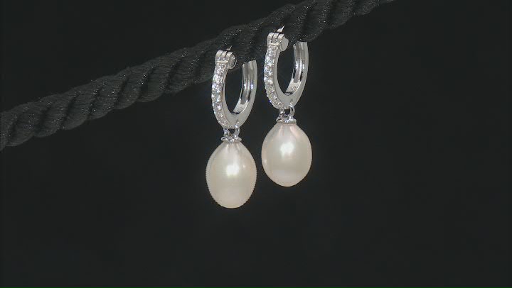 White Cultured Freshwater Pearl and White Zircon Rhodium Over Sterling Silver Earrings Video Thumbnail