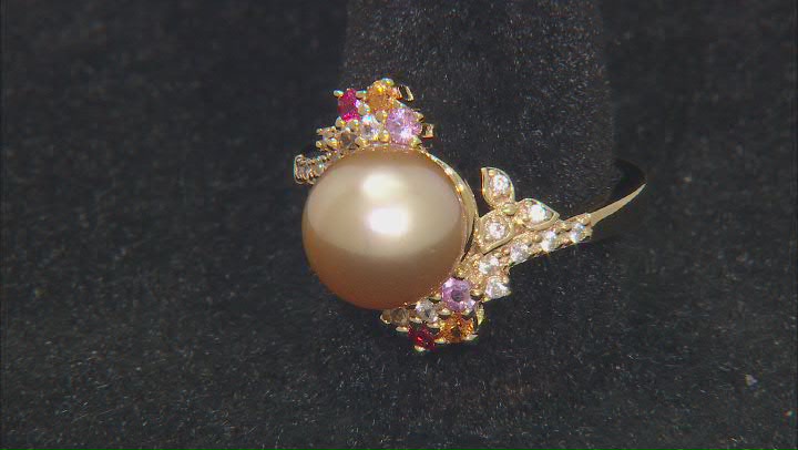 Golden Cultured South Sea Pearl Multi Sapphire and Zircon 18k Yellow Gold Over Sterling Silver Ring Video Thumbnail