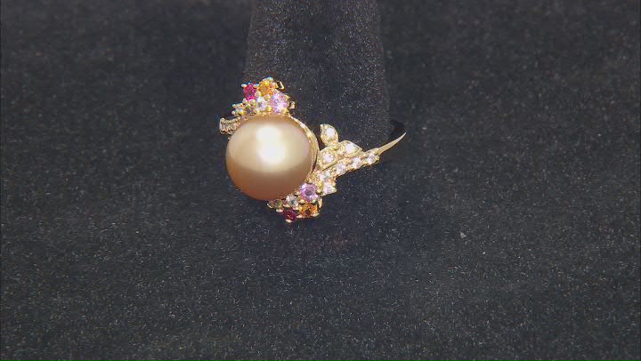 Golden Cultured South Sea Pearl Multi Sapphire and Zircon 18k Yellow Gold Over Sterling Silver Ring Video Thumbnail