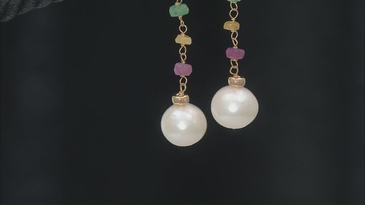 White Cultured Freshwater Pearl and Multi-Color Sapphire 18k Gold Over Sterling Silver  Earrings Video Thumbnail