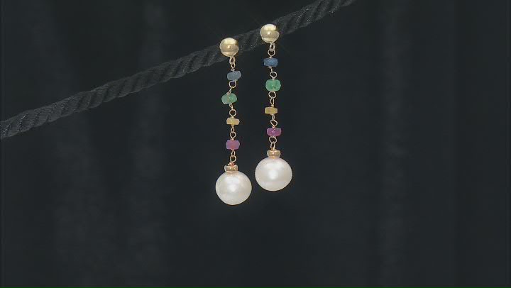 White Cultured Freshwater Pearl and Multi-Color Sapphire 18k Gold Over Sterling Silver  Earrings Video Thumbnail