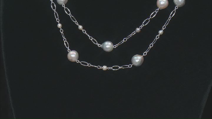 Platinum Cultured Japanese Akoya Pearl Rhodium Over Sterling Silver Lariat Necklace Video Thumbnail