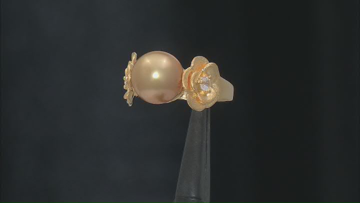 Golden Cultured South Sea Pearl and 0.40ctw White Zircon 18k Yellow Gold Over Sterling Silver Ring Video Thumbnail