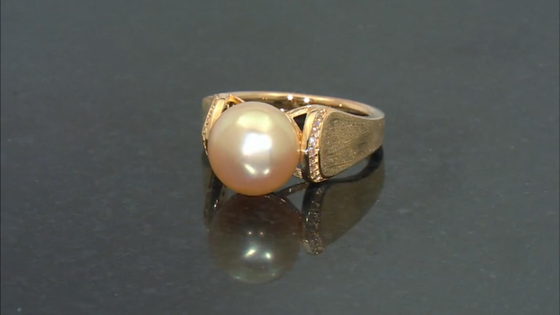 Golden Cultured South Sea Pearl with 0.16ctw White Zircon 18k Yellow Gold Over Sterling Silver Ring Video Thumbnail