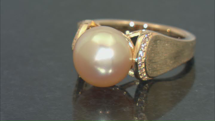 Golden Cultured South Sea Pearl with 0.16ctw White Zircon 18k Yellow Gold Over Sterling Silver Ring Video Thumbnail