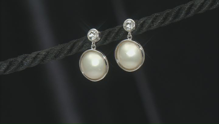 White Cultured South Sea Mabe Pearl With White Topaz Rhodium Over Sterling Silver Earrings Video Thumbnail