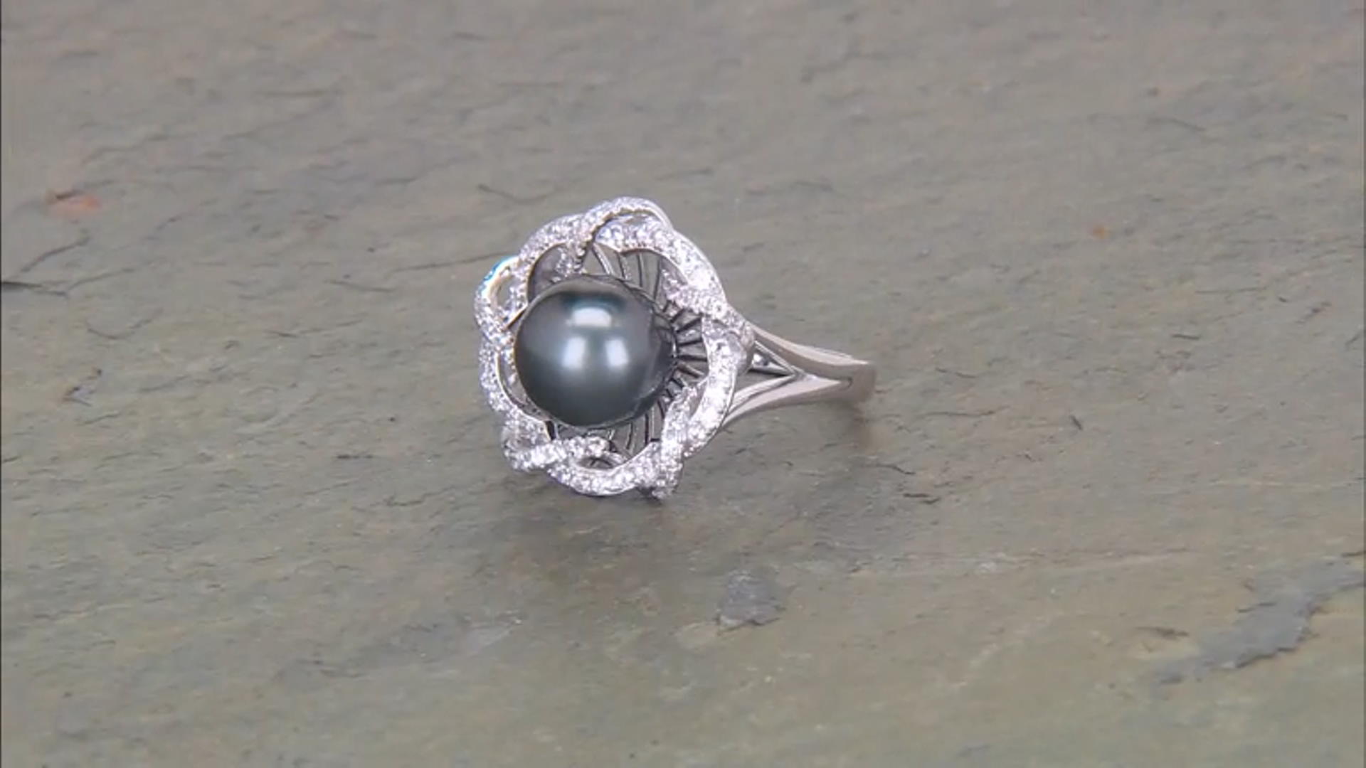 Cultured Tahitian Pearl With White Zircon Rhodium Over Sterling Silver Ring Video Thumbnail