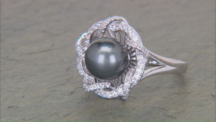 Cultured Tahitian Pearl With White Zircon Rhodium Over Sterling Silver Ring Video Thumbnail