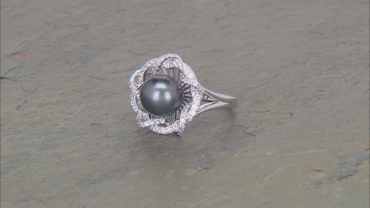 Cultured Tahitian Pearl With White Zircon Rhodium Over Sterling Silver Ring Video Thumbnail