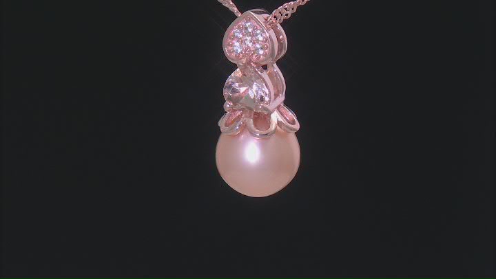 Pink Cultured Freshwater Pearl with Morganite & Zircon 18k Rose Gold Over Silver Pendant with Chain Video Thumbnail