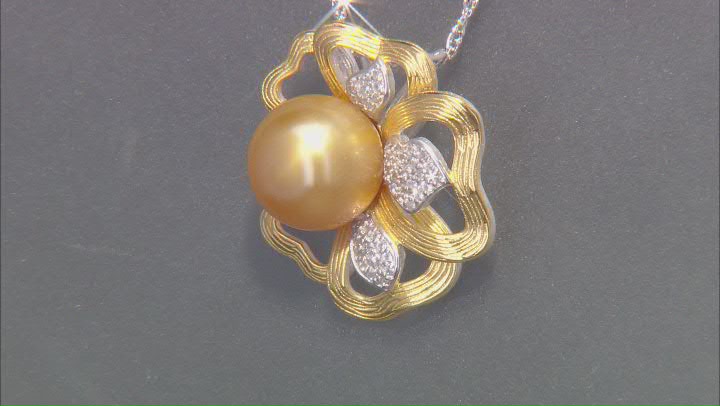 11mm Golden Cultured South Sea Pearl with Topaz Rhodium & 18k Yellow Gold Over Silver Pendant Video Thumbnail