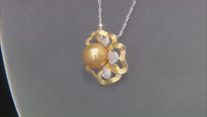 11mm Golden Cultured South Sea Pearl with Topaz Rhodium & 18k Yellow Gold Over Silver Pendant Video Thumbnail