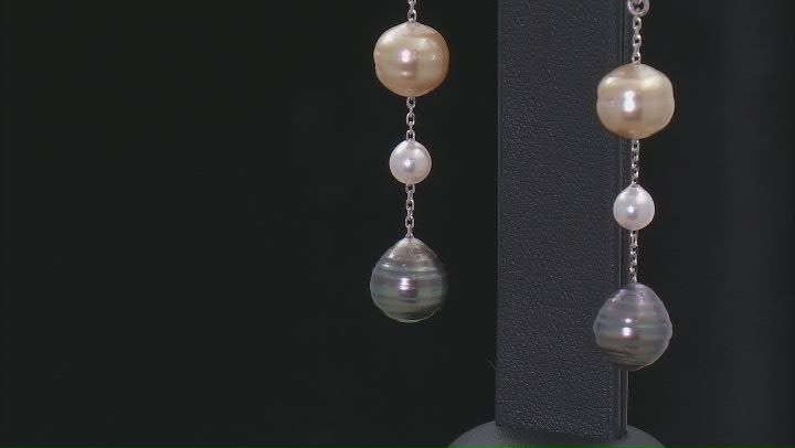 Cultured Japanese Akoya, South Sea, and Tahitian Pearl Rhodium Over Sterling Silver Earrings Video Thumbnail