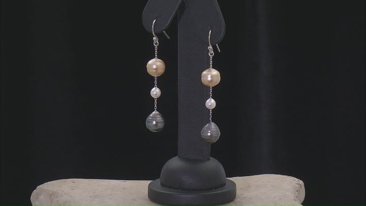 Cultured Japanese Akoya, South Sea, and Tahitian Pearl Rhodium Over Sterling Silver Earrings Video Thumbnail