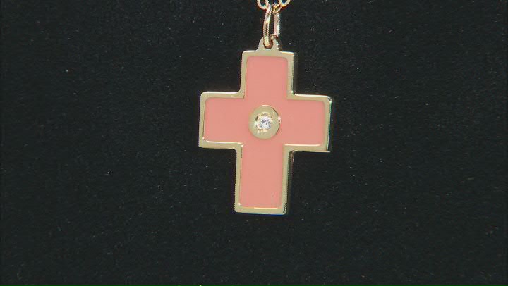 10K Yellow Gold Blush Color Enamel And Diamond Accent Cross Necklace Video Thumbnail