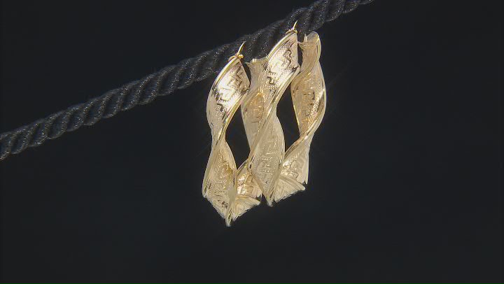 10k Yellow Gold Twisted Greek Key Hoop Earrings Video Thumbnail