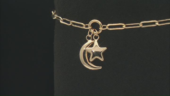 10k Yellow Gold Moon & Star Charm Paperclip Link Bracelet Video Thumbnail