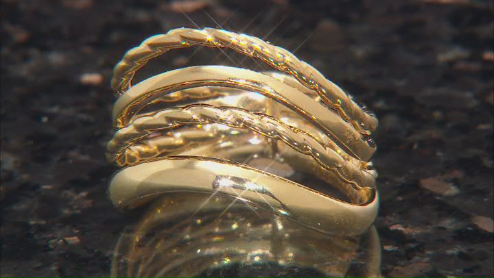 Oro Divino 14k Yellow Gold With a Sterling Silver Core Polished & Textured Multi-Row Waved Ring Video Thumbnail