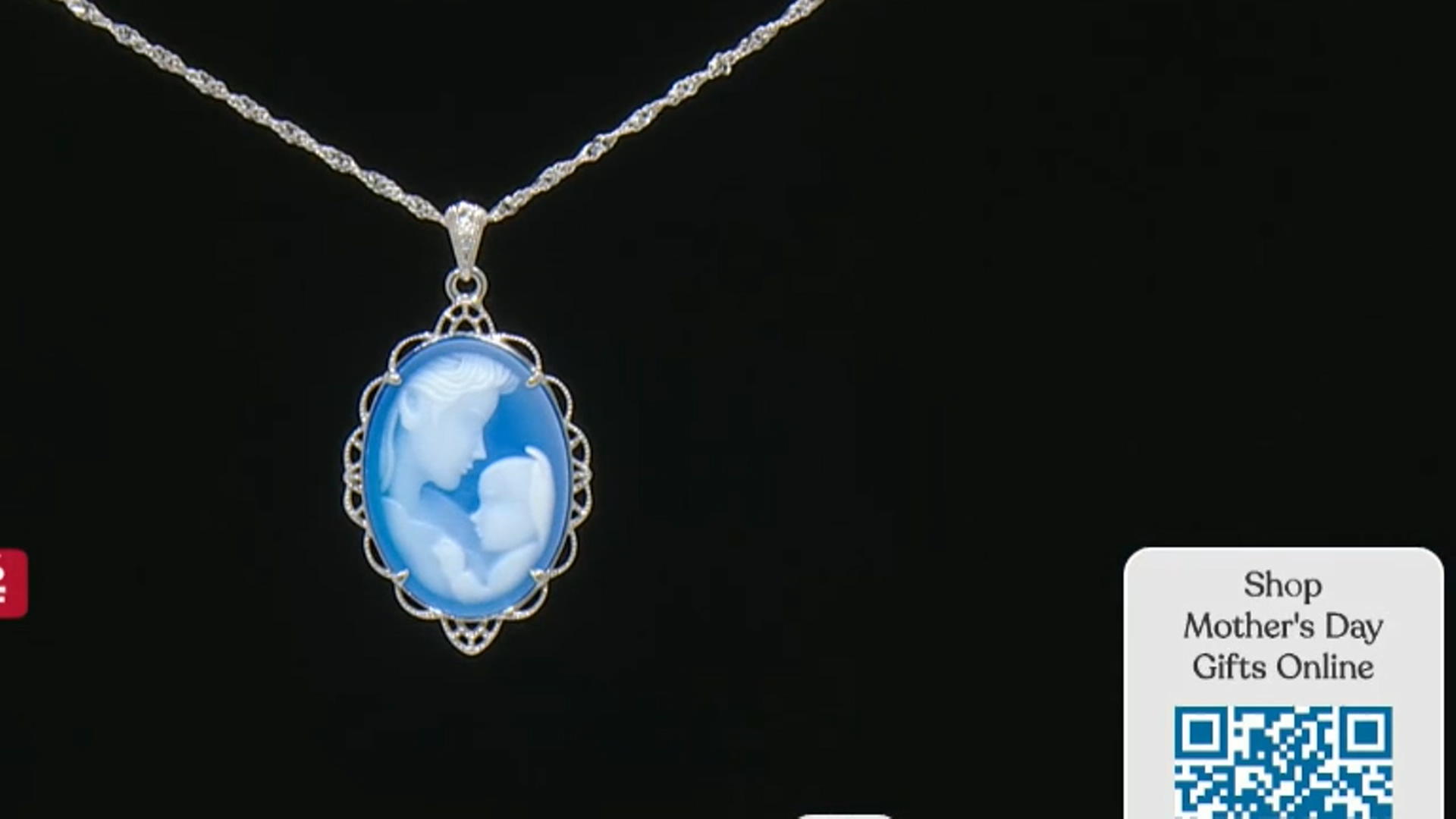Blue agate mother and child cameo rhodium over silver pendant with chain